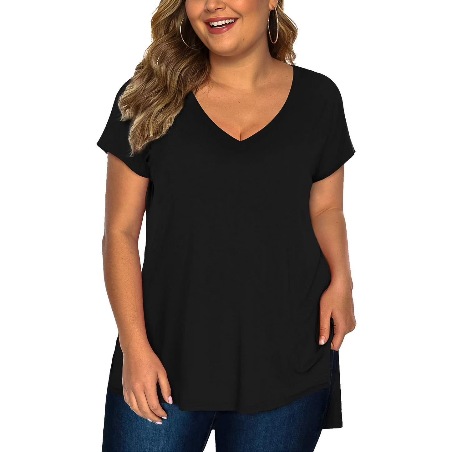 Fancyglim Womens Plus Size Tops V Neck Short Sleeve High Low Shirts 4319U1