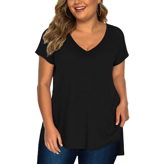 Fancyglim Womens Plus Size Tops V Neck Short Sleeve High Low Shirts 4319U1