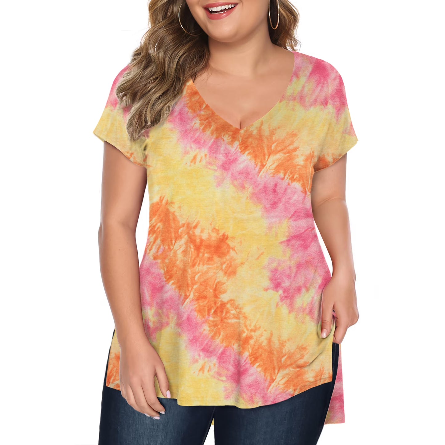 Fancyglim Womens Plus Size Tops V Neck Short Sleeve High Low Shirts 4319U1