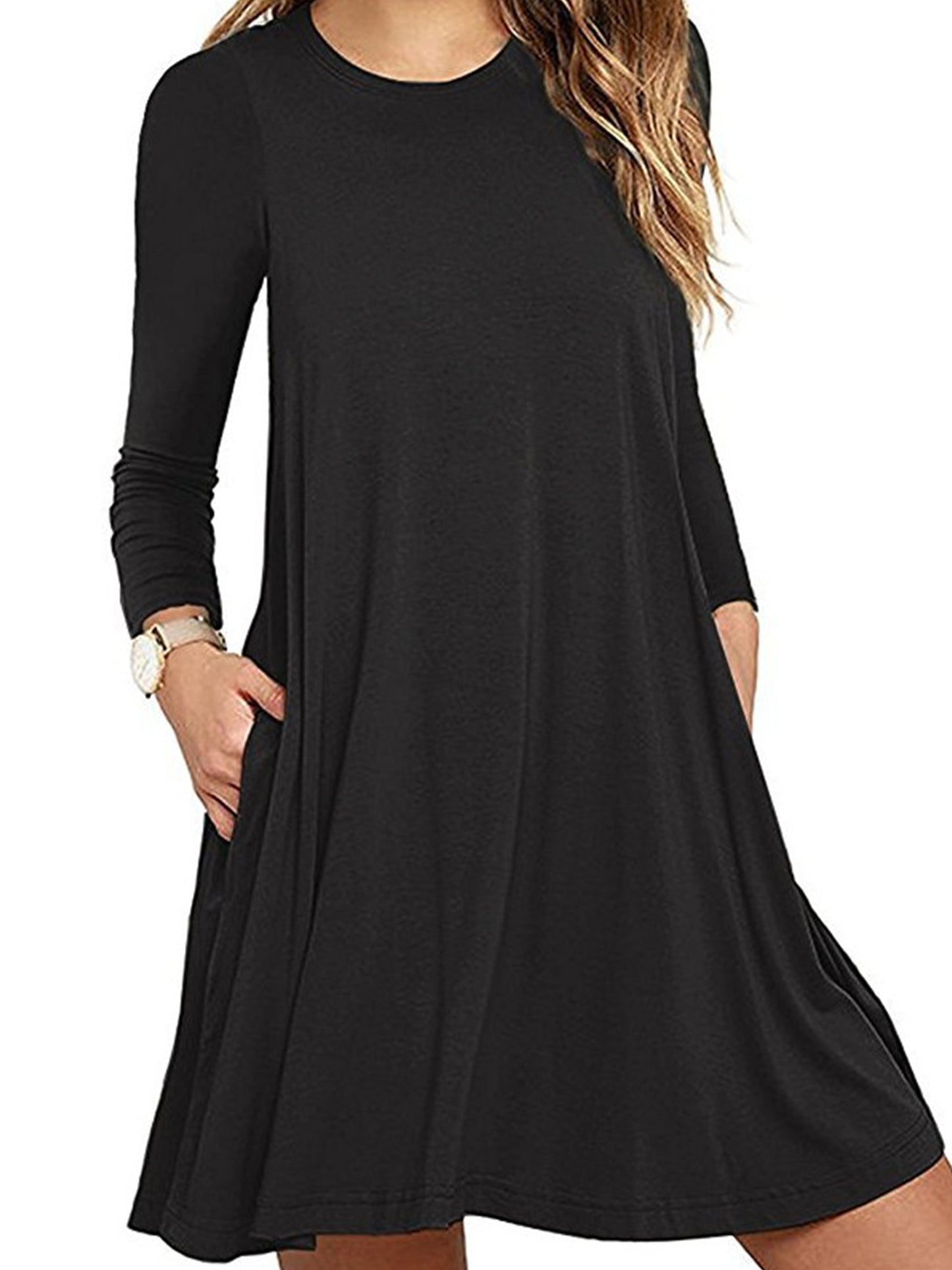 Fancyglim Women Crew Neck Dresses Casual T-Shirt Long Sleeve Dress with Pockets