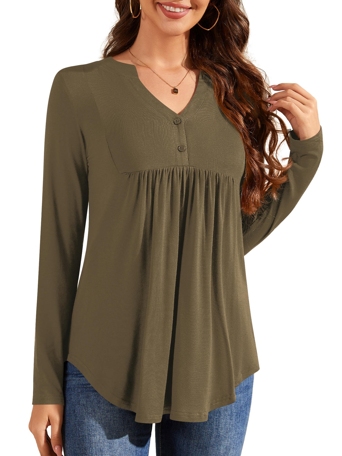 Plus Size Tunic Tops for Women Long Sleeve Henley Shirt V Neck Casual Pleated Blouse