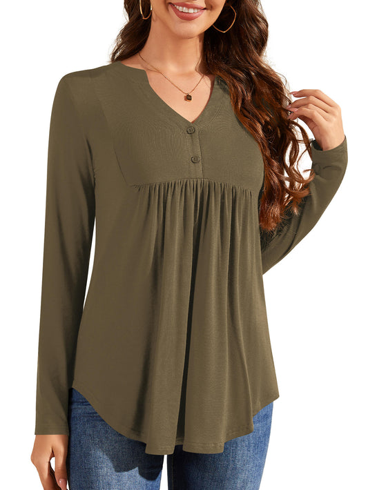 Plus Size Tunic Tops for Women Long Sleeve Henley Shirt V Neck Casual Pleated Blouse