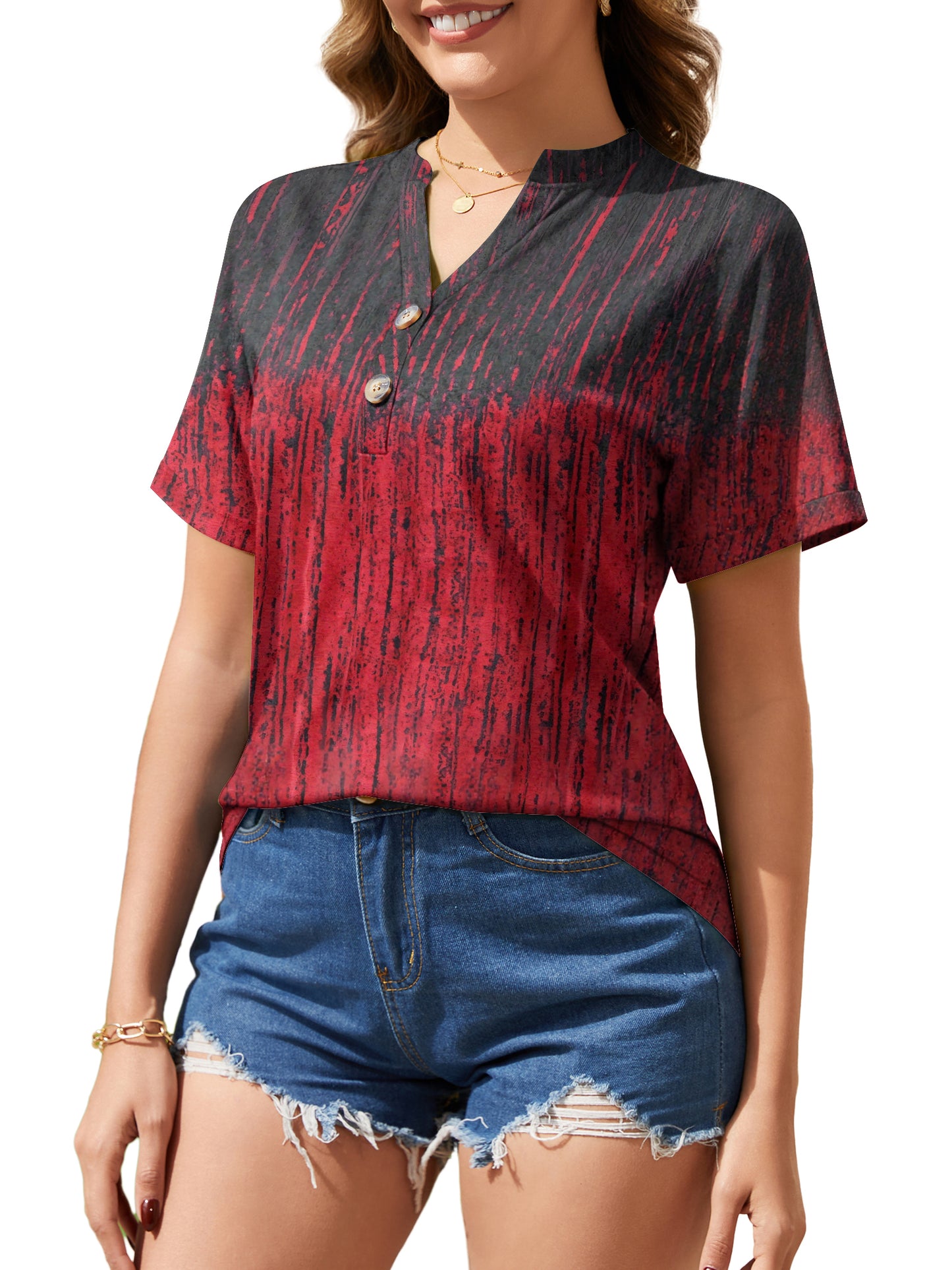 Women V Neck Short Sleeve Floral Print Button Trendy Shirts