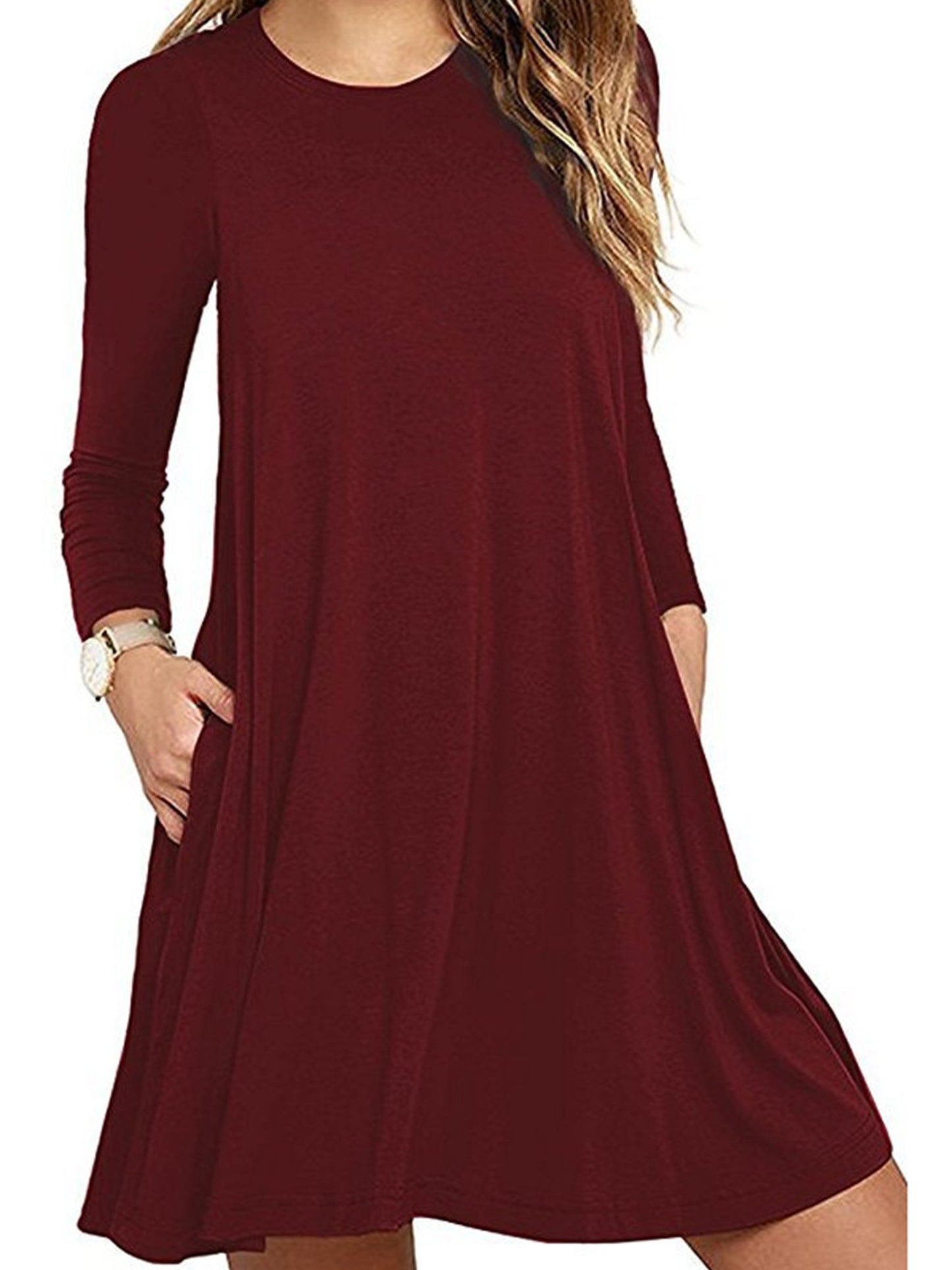 Fancyglim Women Crew Neck Dresses Casual T-Shirt Long Sleeve Dress with Pockets