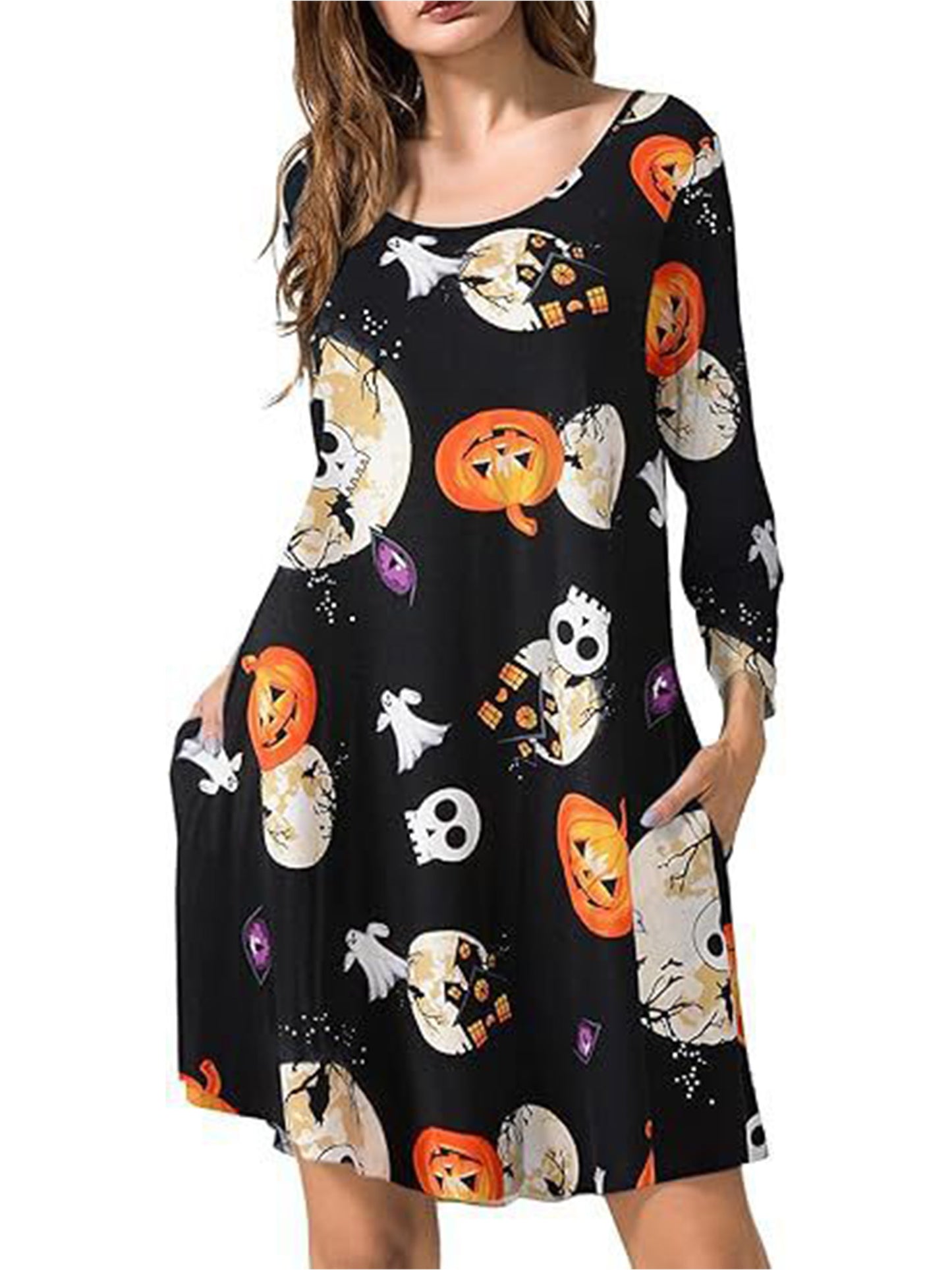 Fancyglim Women Crew Neck Dresses Casual T-Shirt Long Sleeve Dress with Pockets