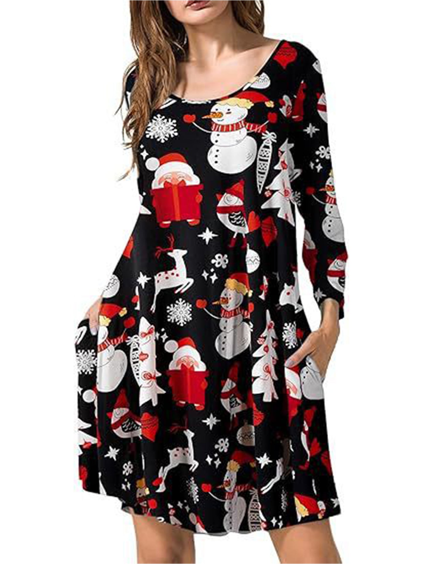 Fancyglim Women Crew Neck Dresses Casual T-Shirt Long Sleeve Dress with Pockets