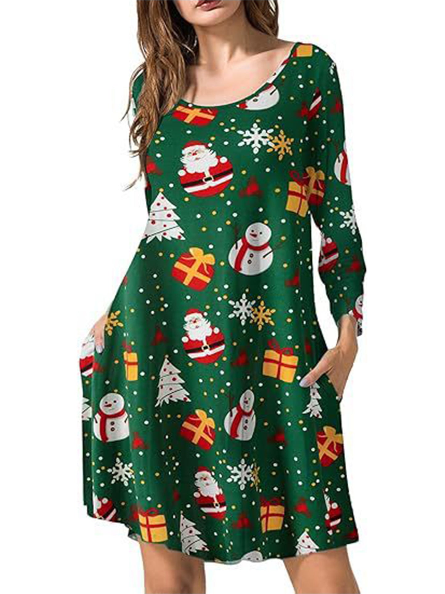 Fancyglim Women Crew Neck Dresses Casual T-Shirt Long Sleeve Dress with Pockets