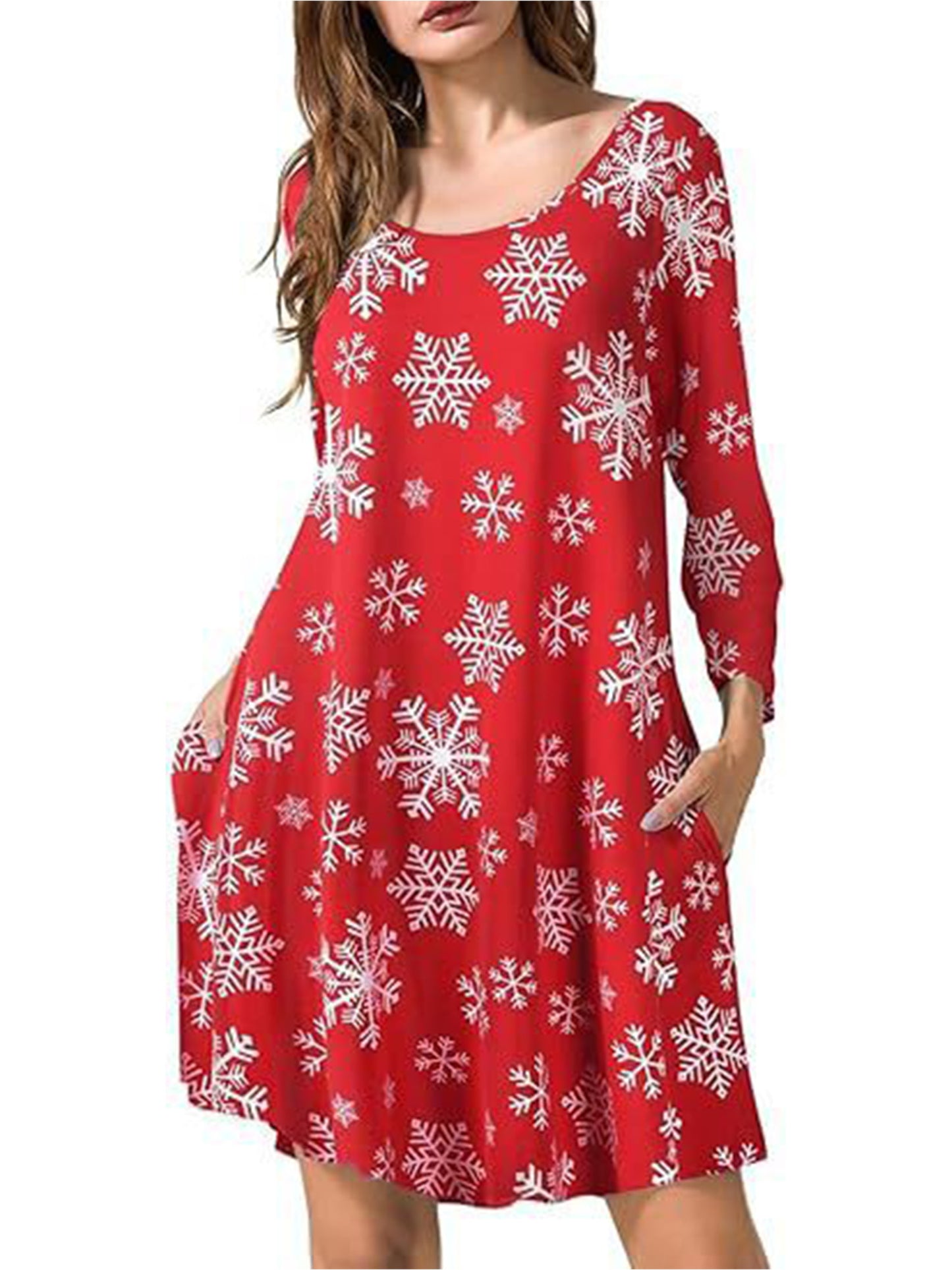 Fancyglim Women Crew Neck Dresses Casual T-Shirt Long Sleeve Dress with Pockets