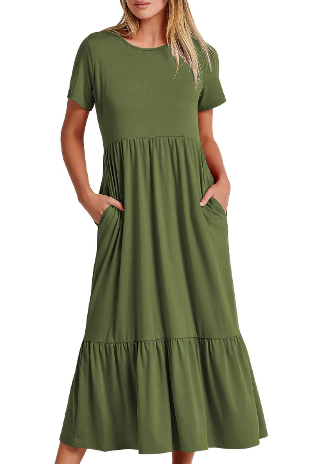 Crew Neck Short Sleeve Midi Dress with Pockets