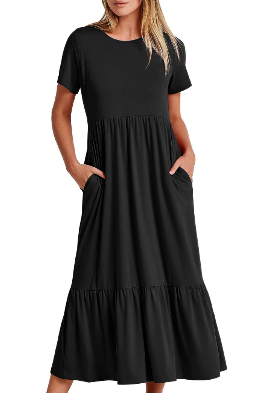 Crew Neck Short Sleeve Midi Dress with Pockets
