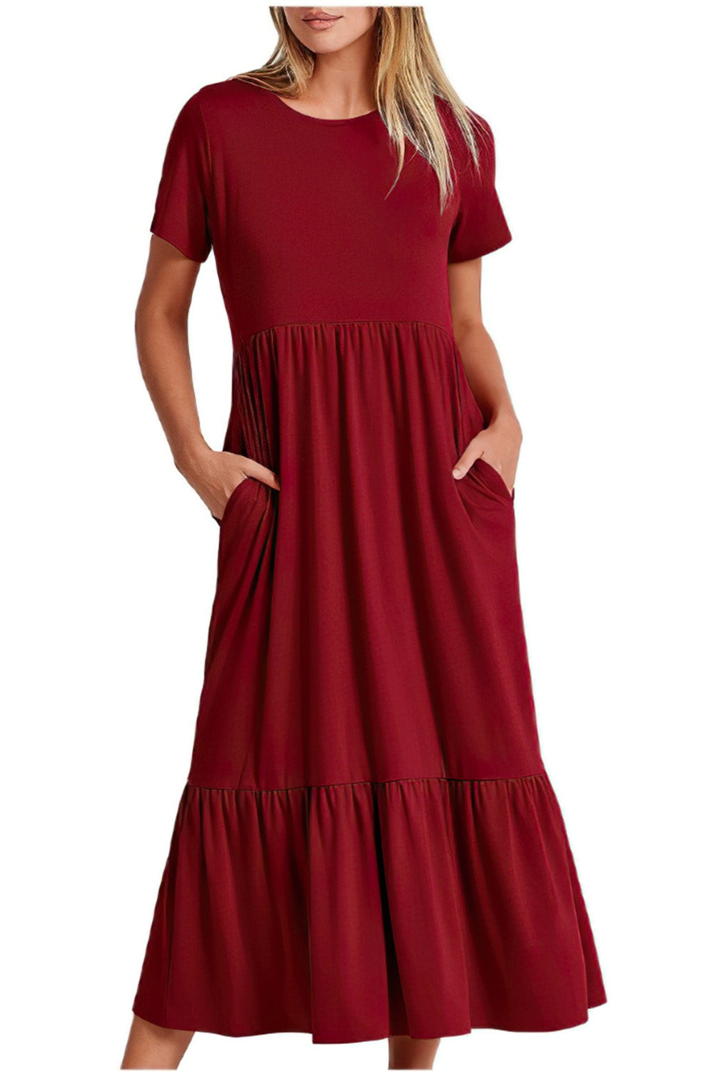 Crew Neck Short Sleeve Midi Dress with Pockets