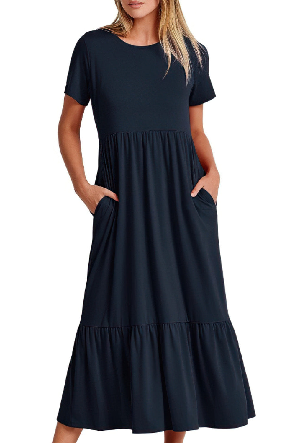 Crew Neck Short Sleeve Midi Dress with Pockets