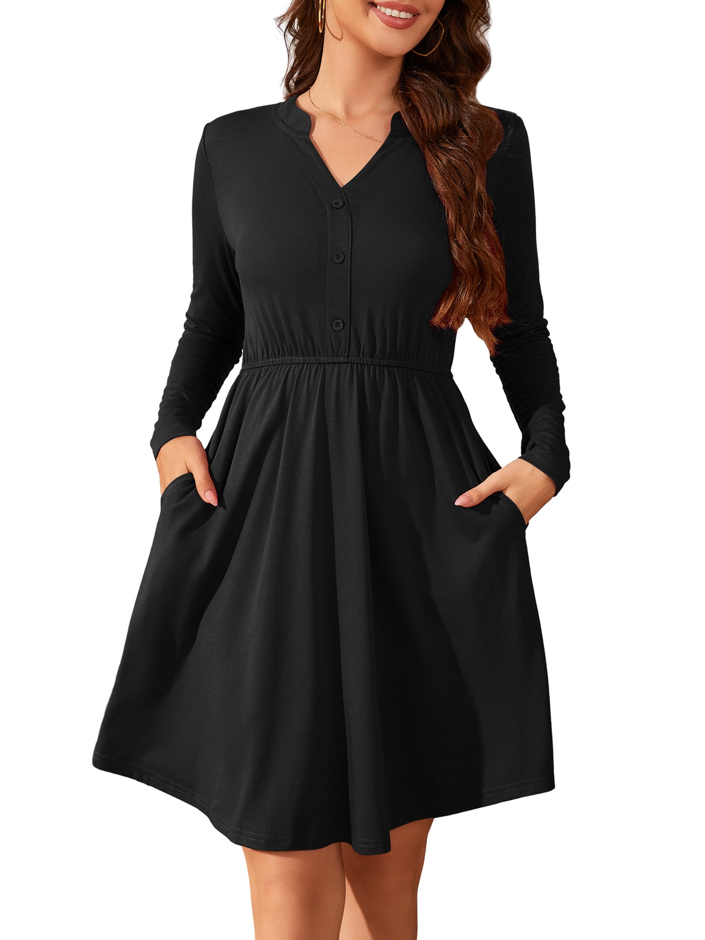 Plus Size Dresses for Women Long Sleeve Loose V Neck Button Flowy Aline Pleated Dress with Pockets
