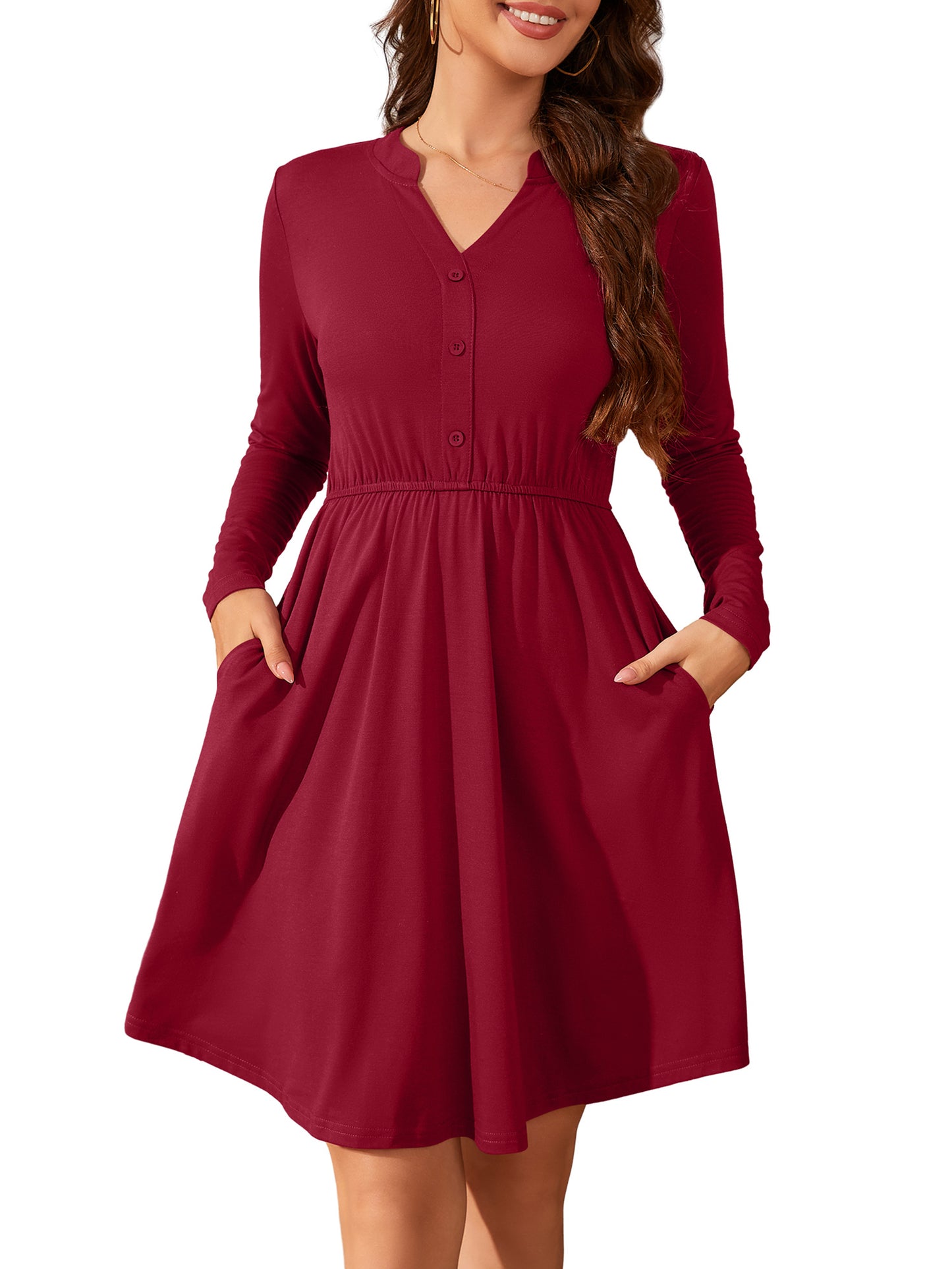 Plus Size Dresses for Women Long Sleeve Loose V Neck Button Flowy Aline Pleated Dress with Pockets