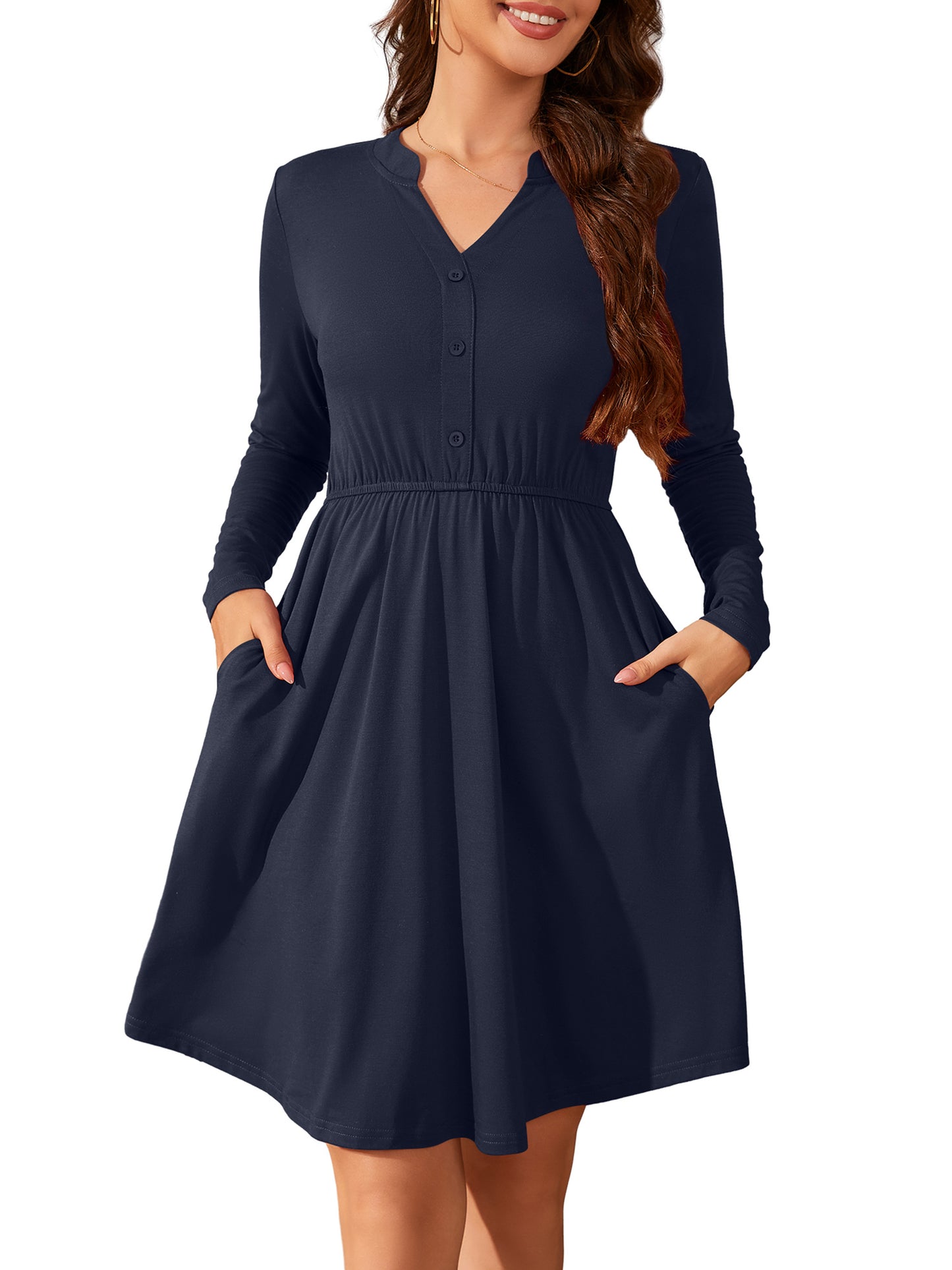 Plus Size Dresses for Women Long Sleeve Loose V Neck Button Flowy Aline Pleated Dress with Pockets