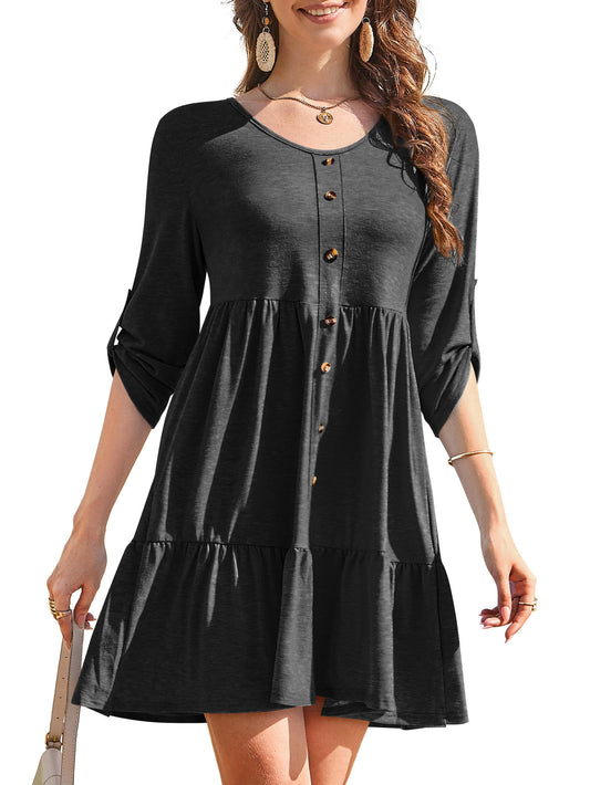 Women V Neck Long Sleeve Button Tiered Aline Short Dress