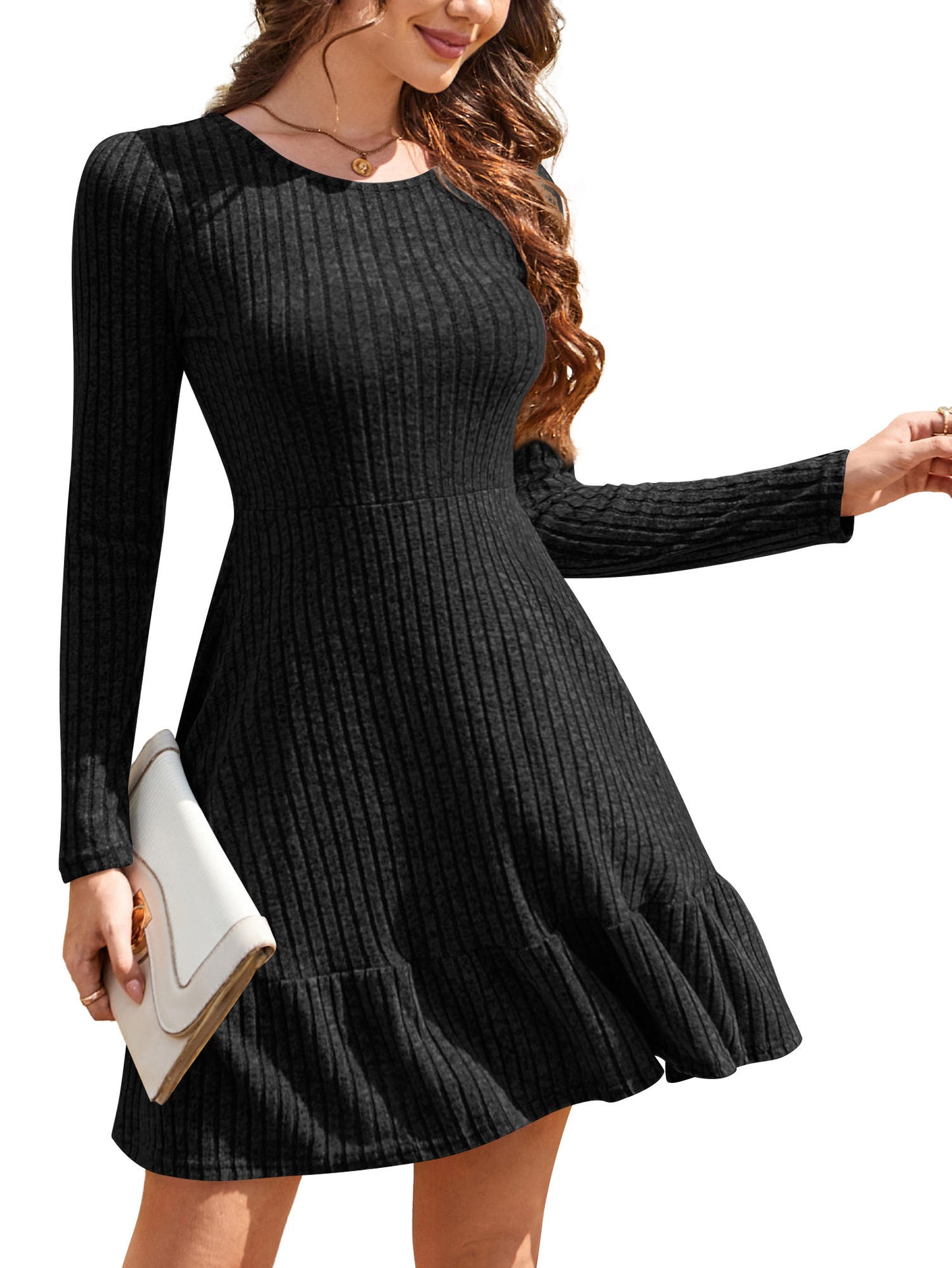 Sweater Dresses for Women Casual Crew Neck Long Sleeve Ruffle Tiered Swing Aline Dress