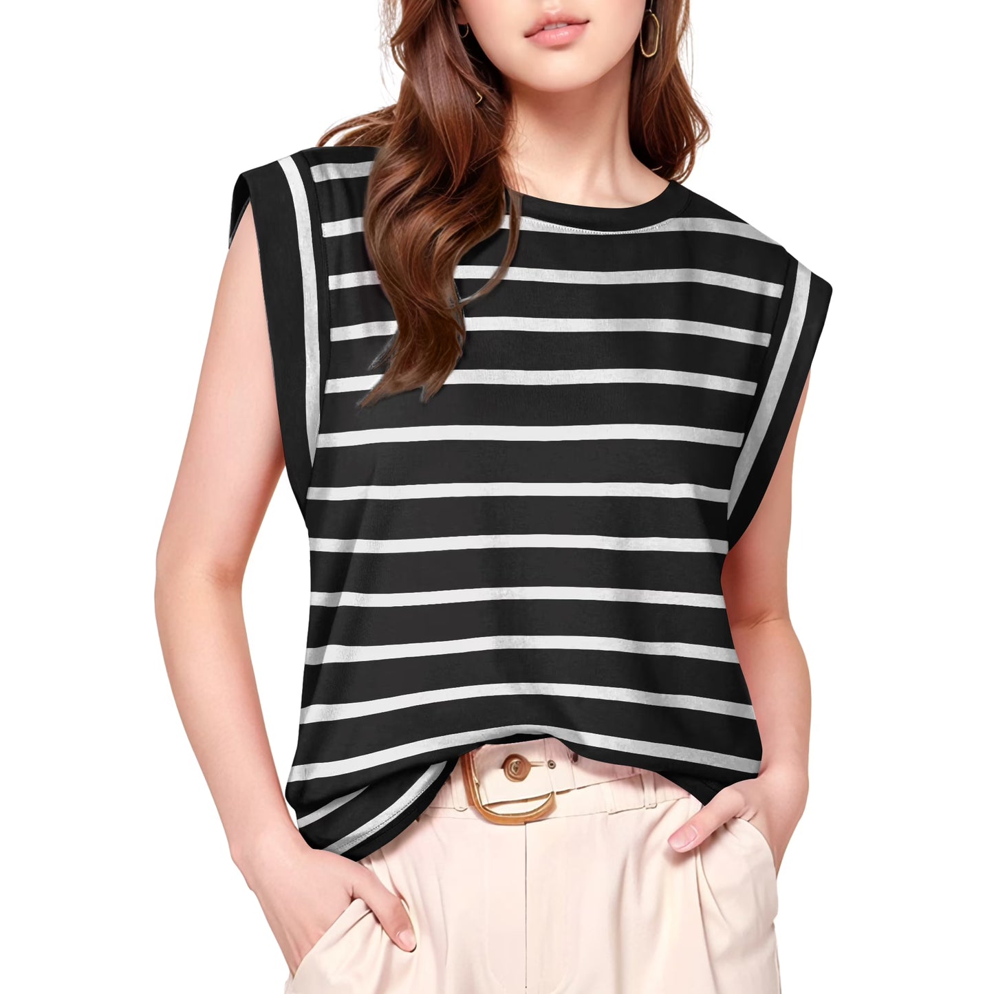 Fancyglim Women Cap Sleeve Tank Tops Loose Fit Crew Neck Summer Basic Tee Shirts 1199