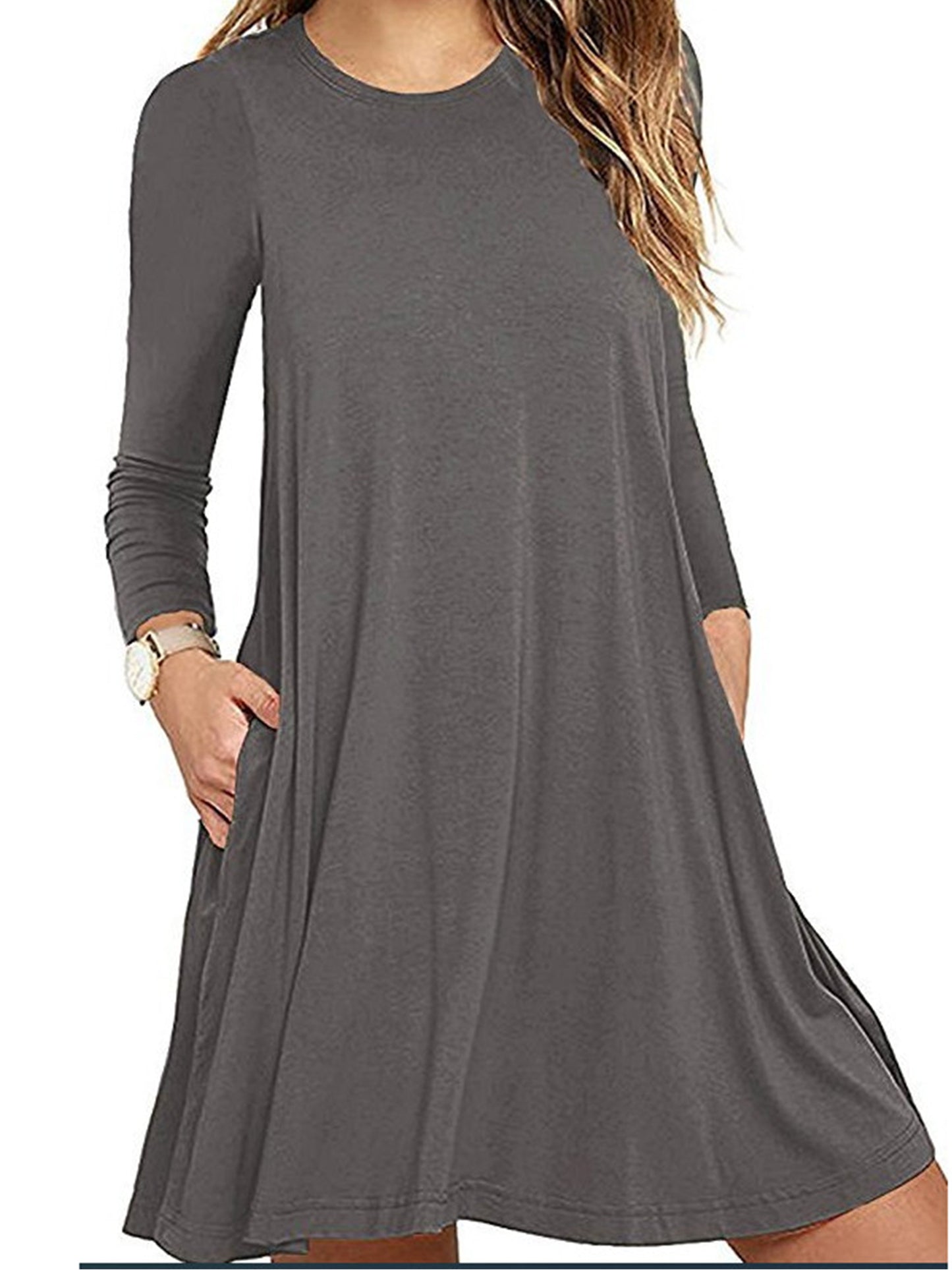 Fancyglim Women Crew Neck Dresses Casual T-Shirt Long Sleeve Dress with Pockets