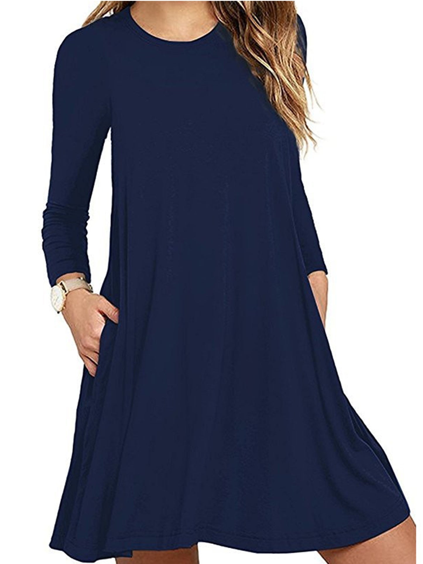 Fancyglim Women Crew Neck Dresses Casual T-Shirt Long Sleeve Dress with Pockets