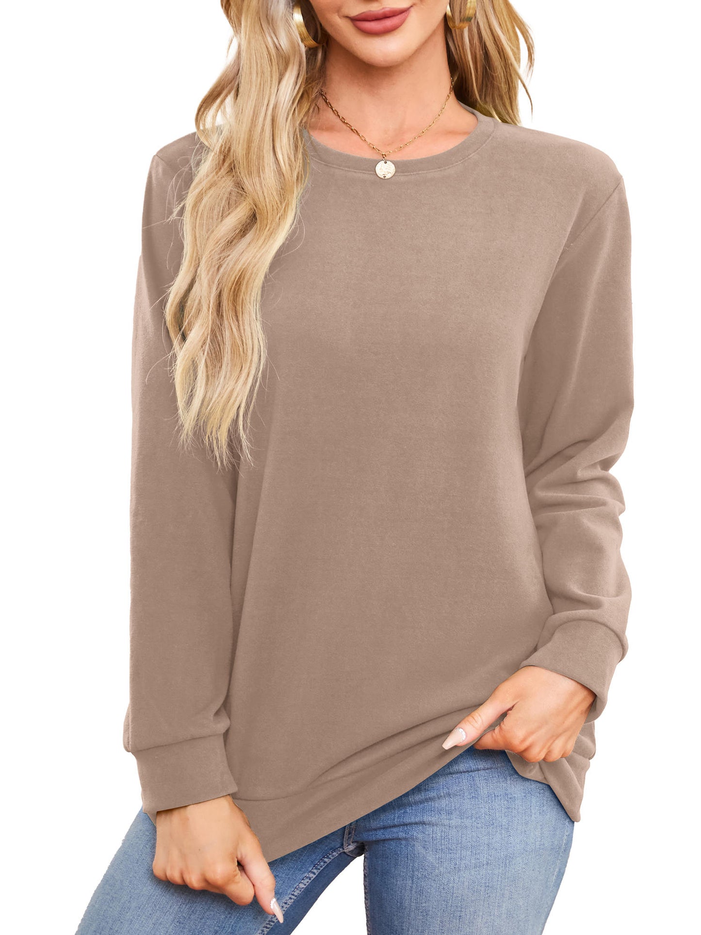 Women Sweatshirts Crew Neck Long Sleeve Tunic Tops Casual Pullover with Pockets