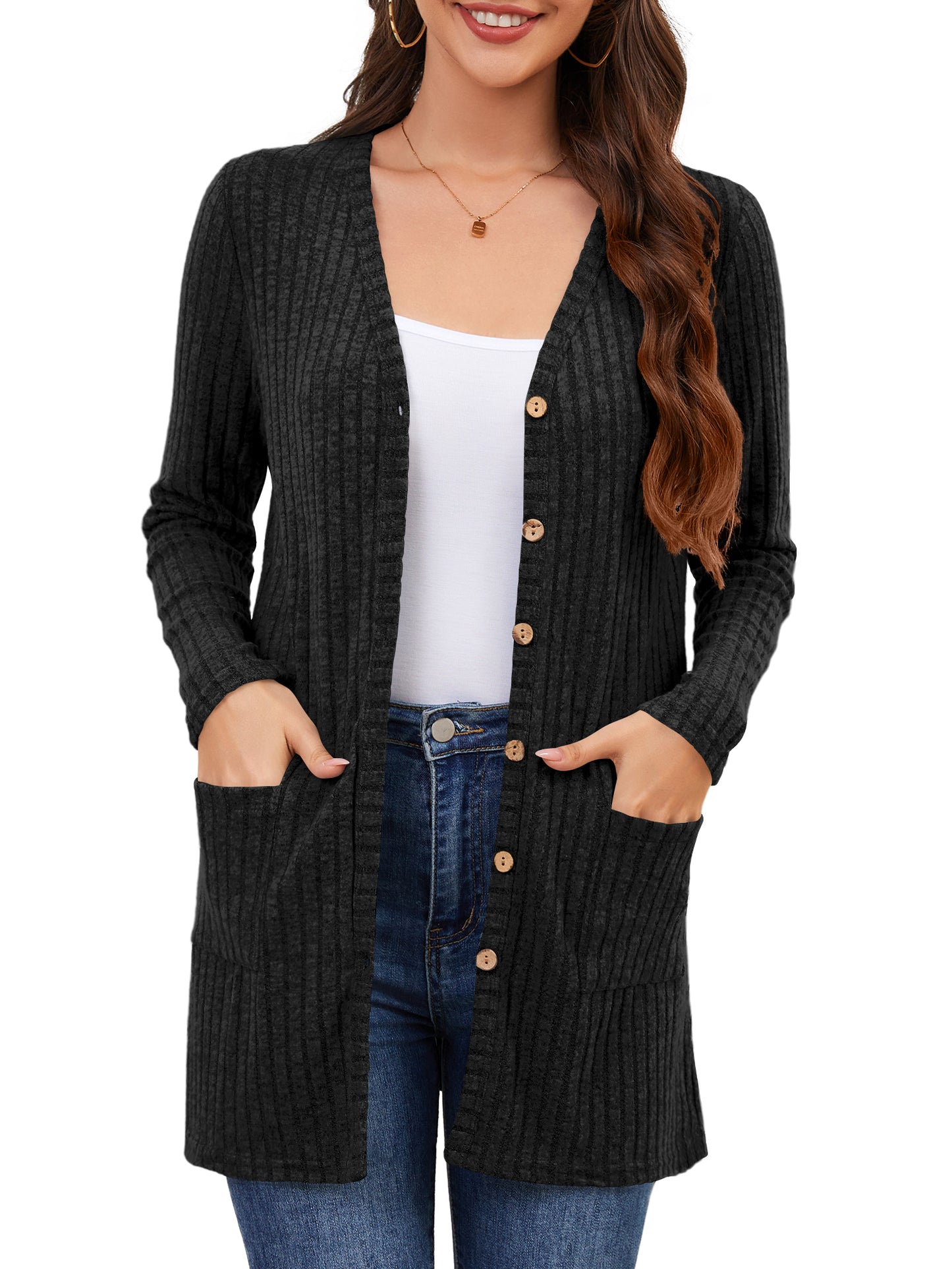 Women Cardigan Sweater Long Sleeve Button Down  Lightweight  Brushed Knit Tops with Pockets