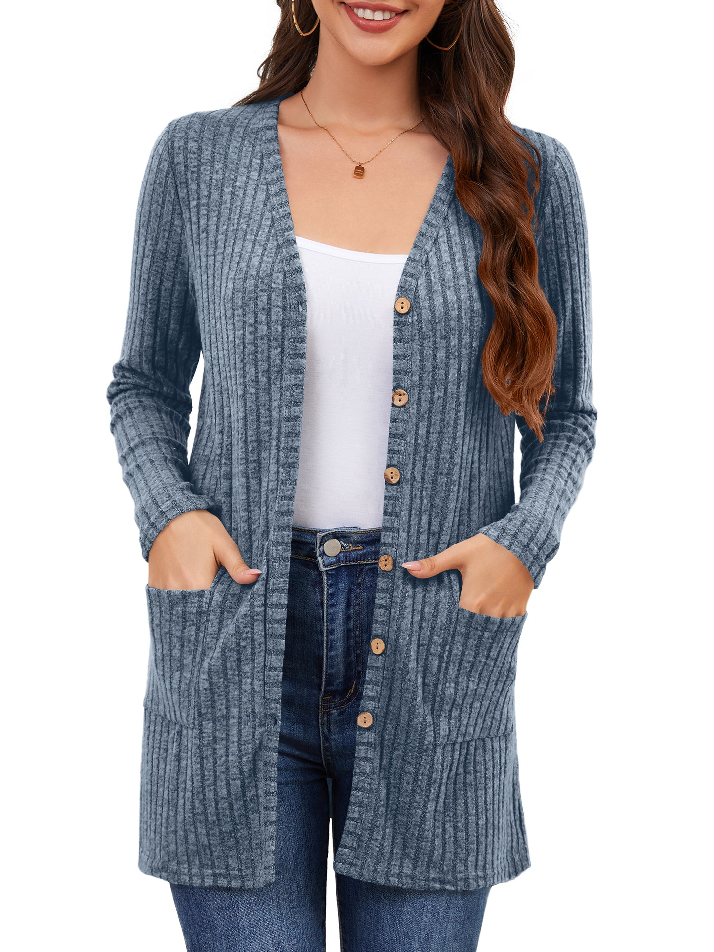 Women Cardigan Sweater Long Sleeve Button Down  Lightweight  Brushed Knit Tops with Pockets