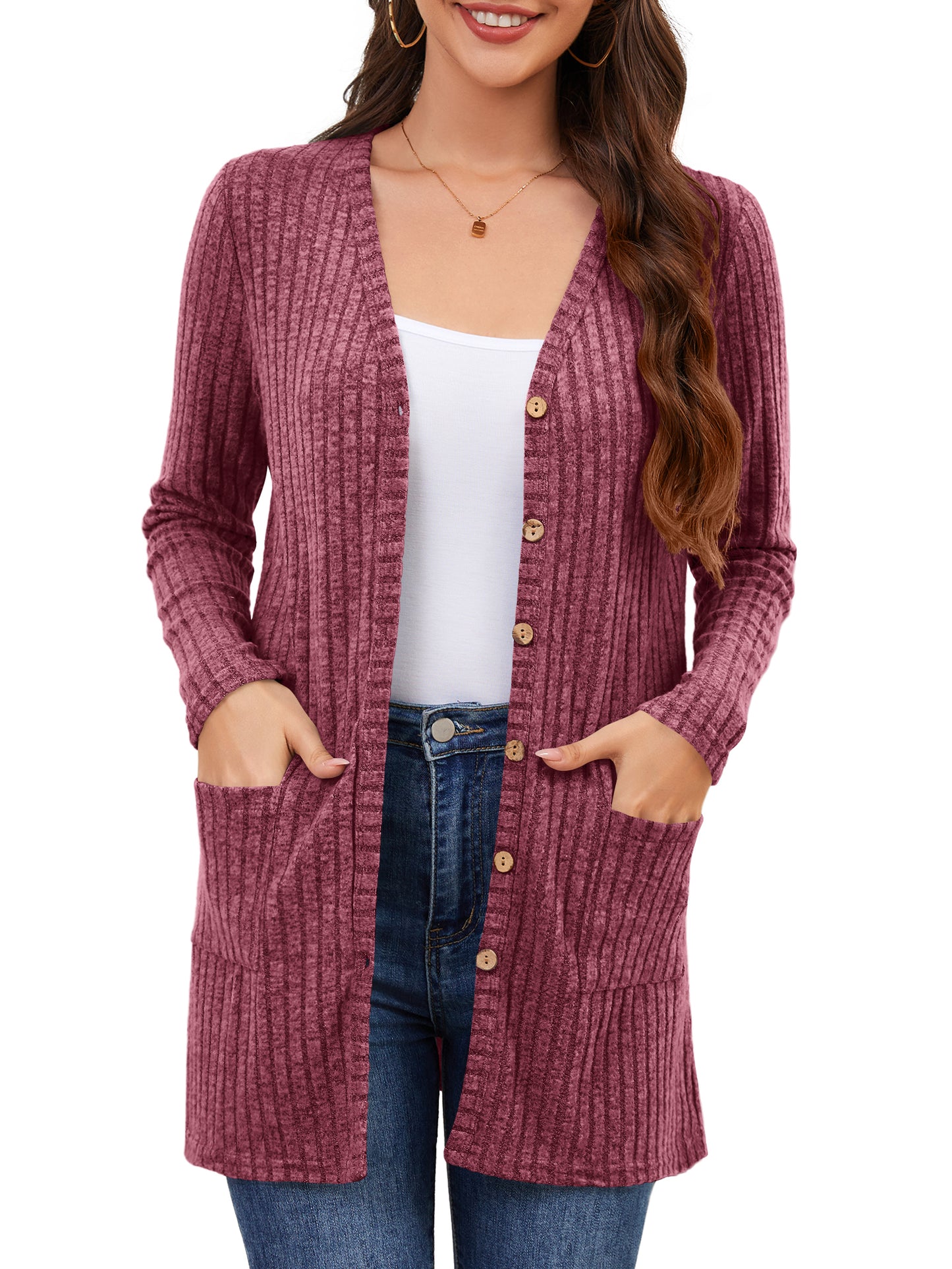 Women Cardigan Sweater Long Sleeve Button Down  Lightweight  Brushed Knit Tops with Pockets
