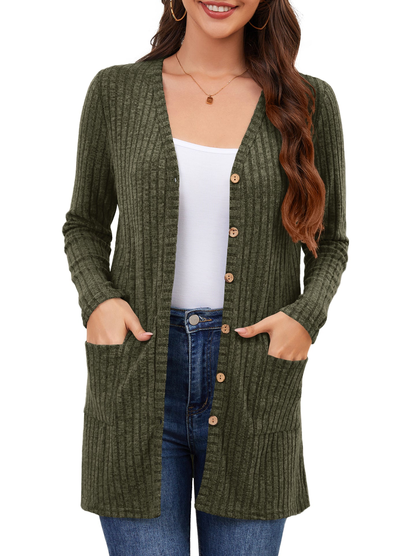 Women Cardigan Sweater Long Sleeve Button Down  Lightweight  Brushed Knit Tops with Pockets