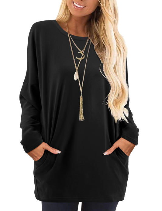 Womens Shirts Crew Neck Long Sleeve Sweatshirt Tunic Tops with Pockets