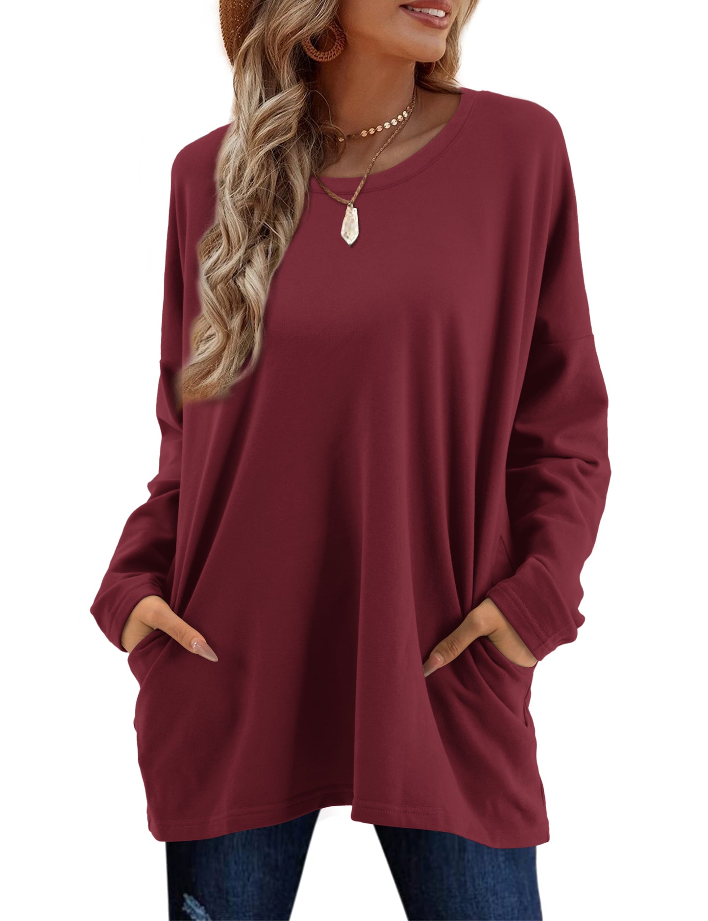 Womens Shirts Crew Neck Long Sleeve Sweatshirt Tunic Tops with Pockets