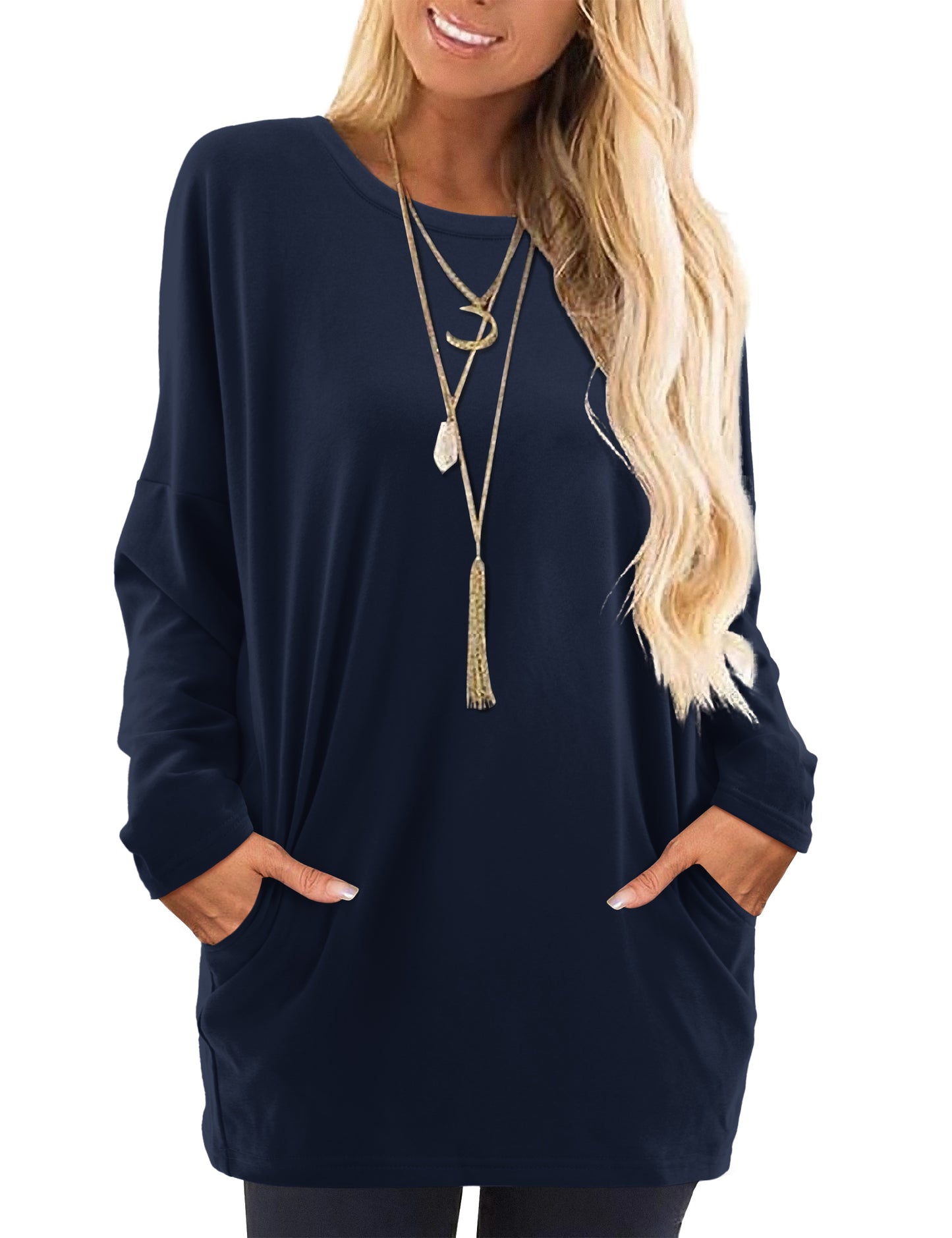 Womens Shirts Crew Neck Long Sleeve Sweatshirt Tunic Tops with Pockets