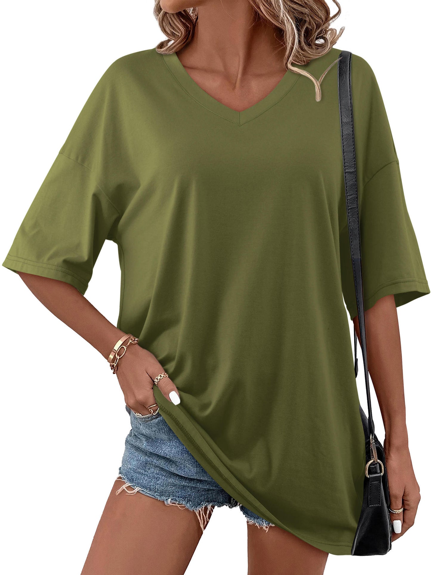 Women Oversized Tunic Short Sleeve V Neck Casual T-Shirts