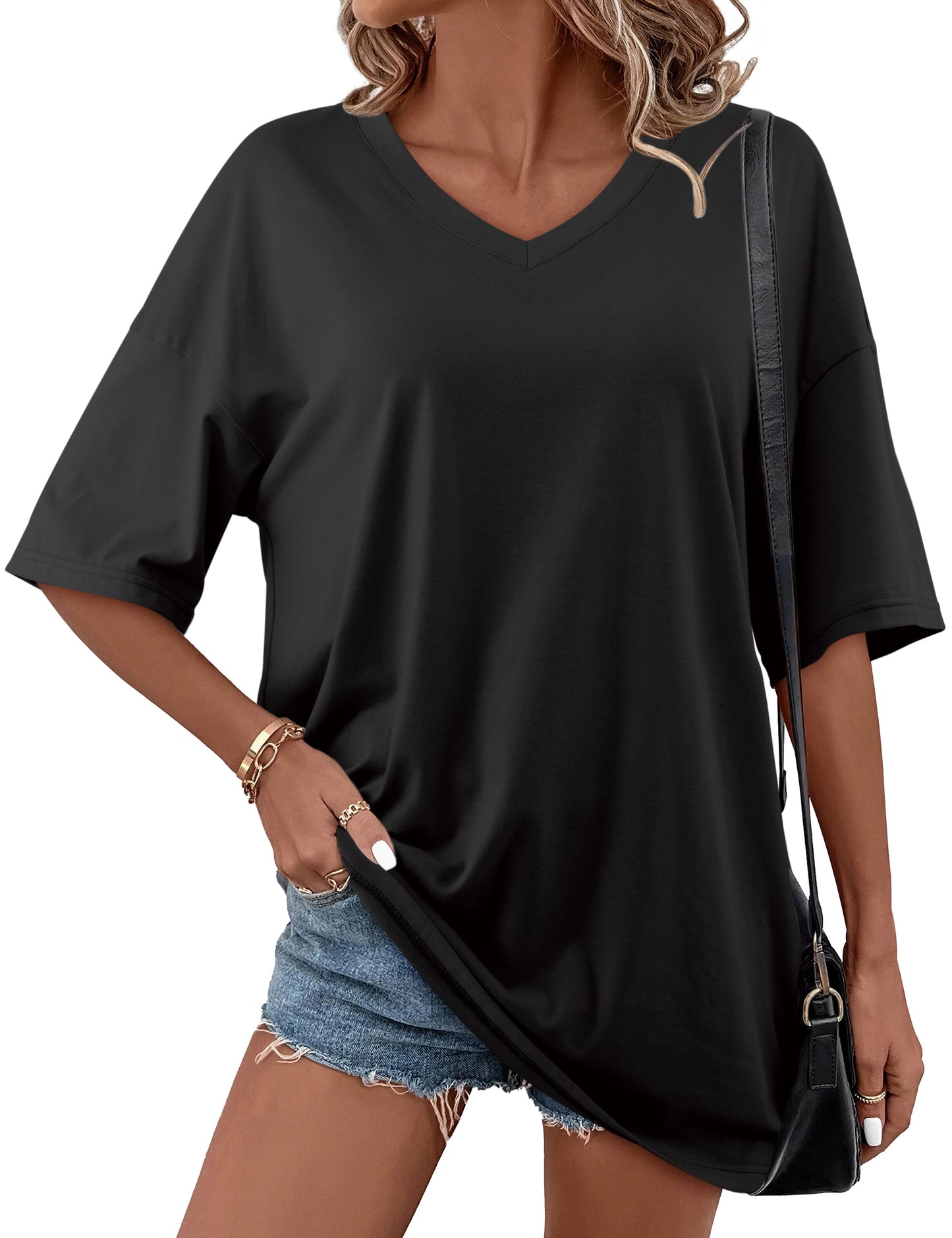 Women Oversized Tunic Short Sleeve V Neck Casual T-Shirts