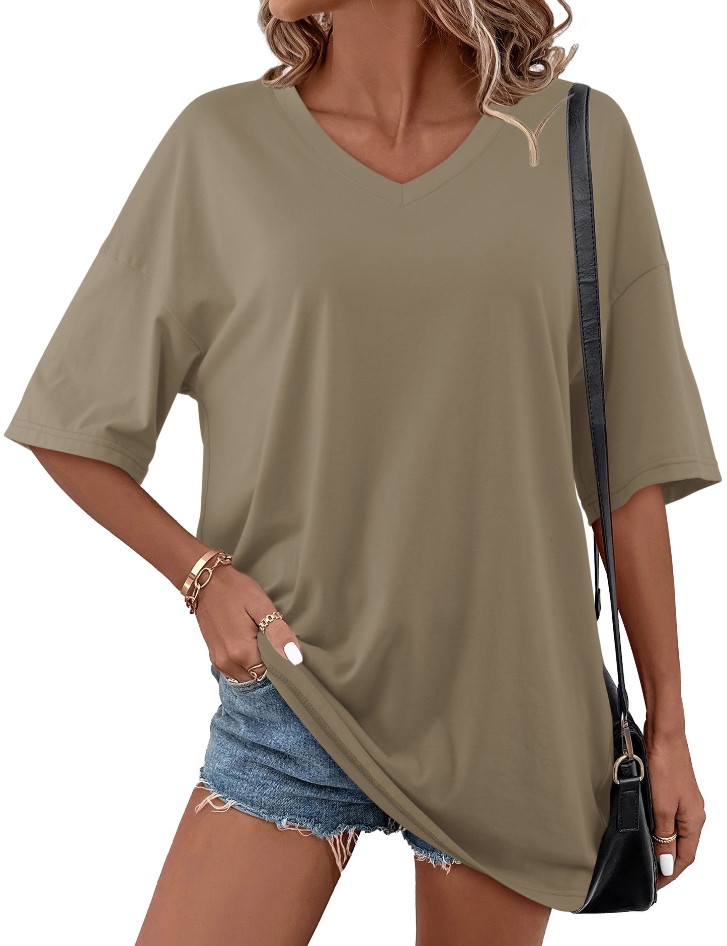 Women Oversized Tunic Short Sleeve V Neck Casual T-Shirts