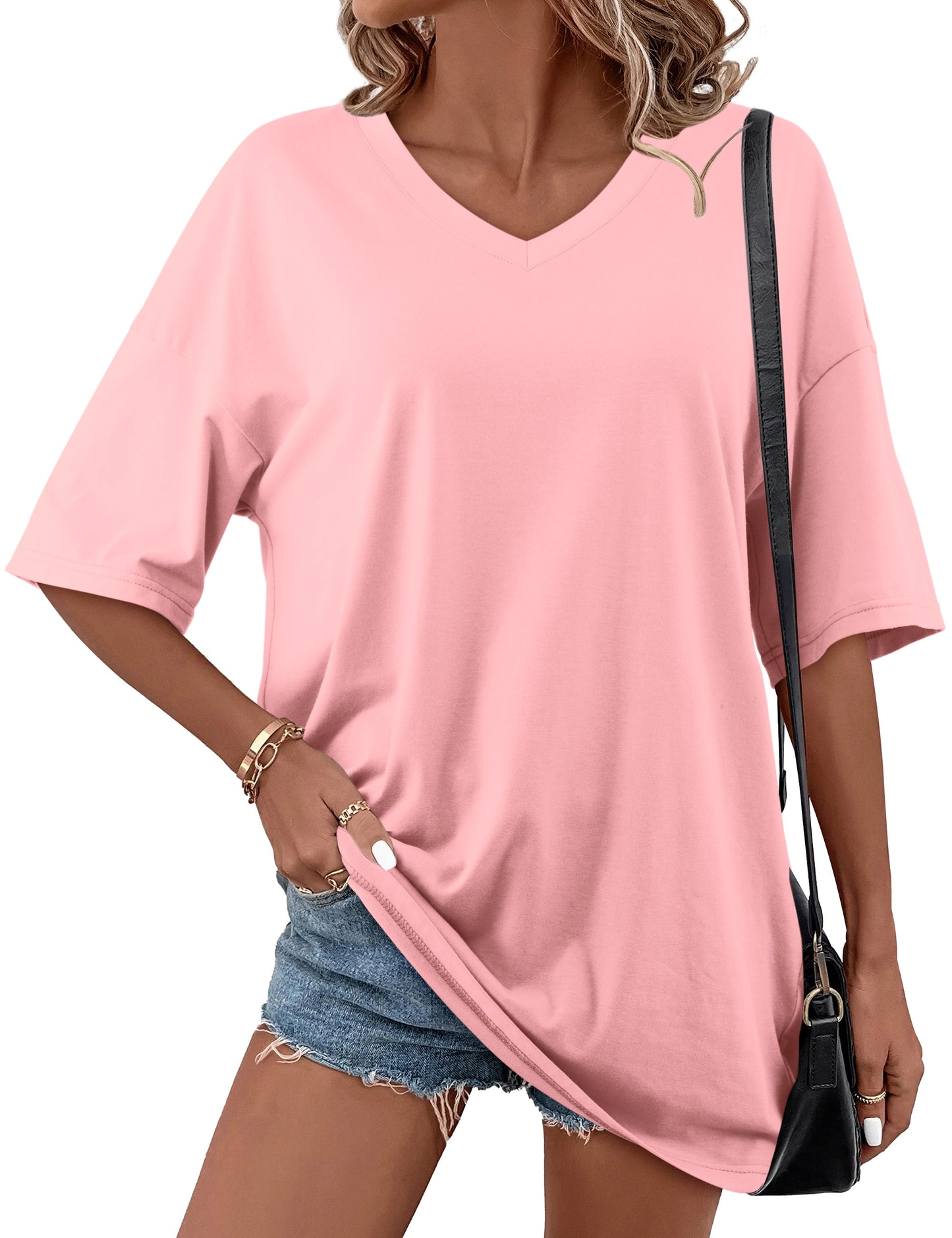 Women Oversized Tunic Short Sleeve V Neck Casual T-Shirts