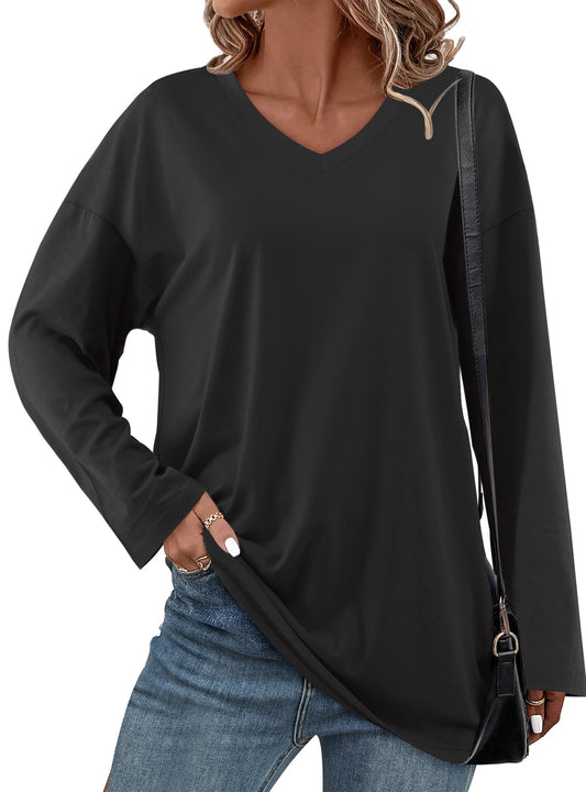Oversized Tunic Tops for Women V Neck Long Sleeve Shirts Casual Loose Fit Fall Tops Pullover