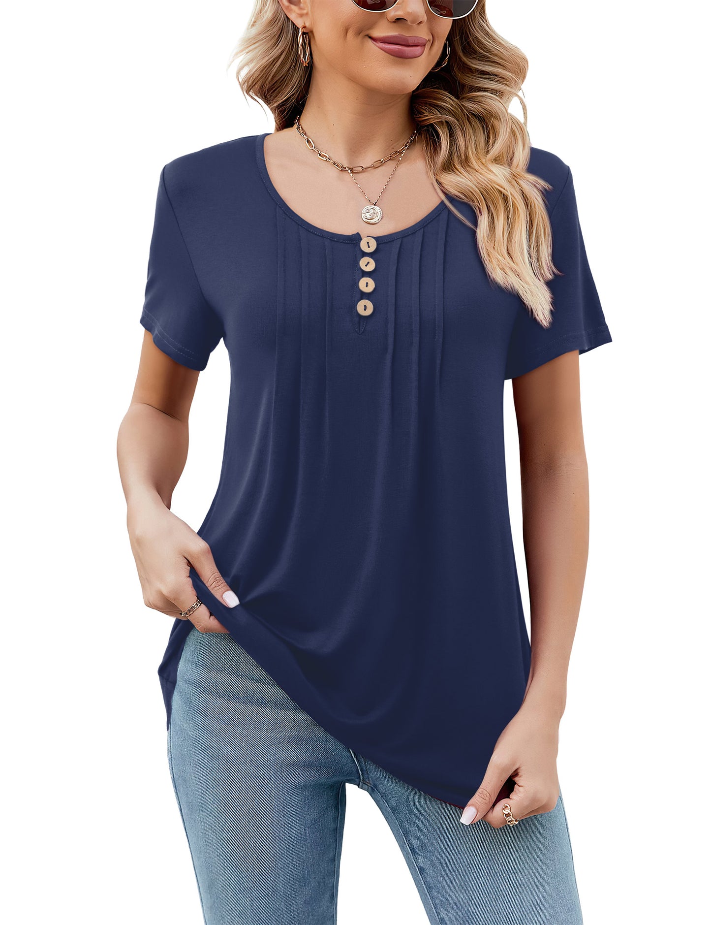 Short Sleeve Shirt Long V-Neck Casual Tunic Tops
