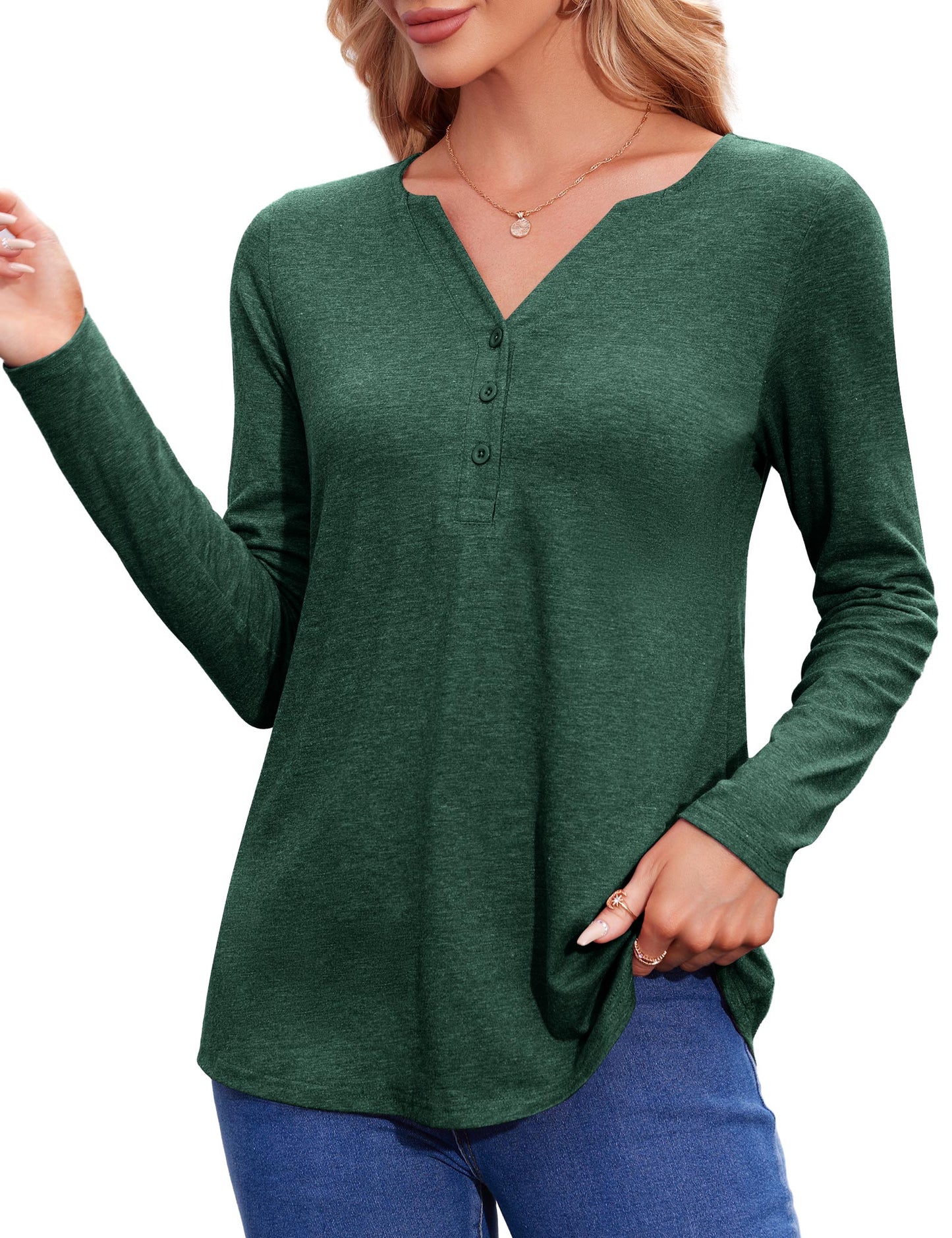 Womens Henley Tops V Neck Blouse Long Sleeve Button Up Shirts