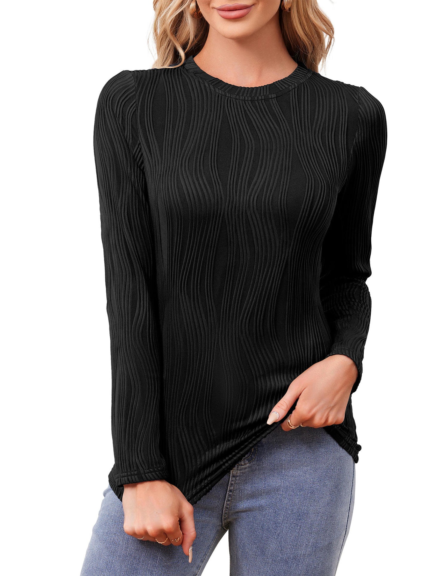 Womens Textured Tops Crewneck Shirts Basic Long Sleeve Blouses