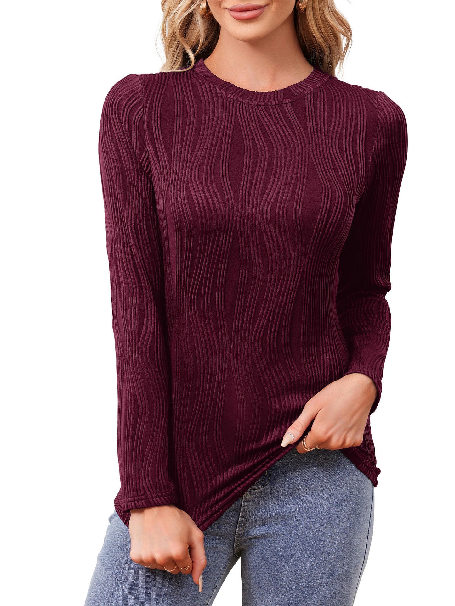 Womens Textured Tops Crewneck Shirts Basic Long Sleeve Blouses