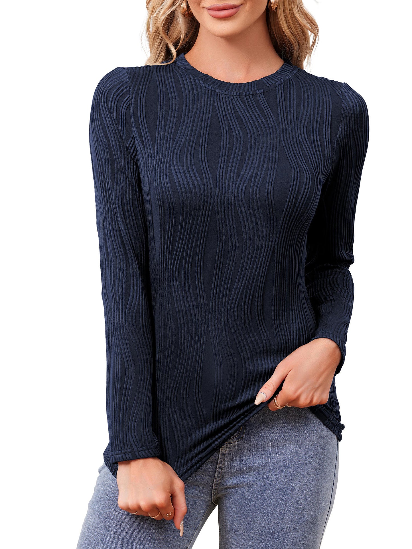Womens Textured Tops Crewneck Shirts Basic Long Sleeve Blouses