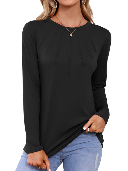 Womens Crew Neck Tops Casual Long Sleeve Pleats Shirts Blouse