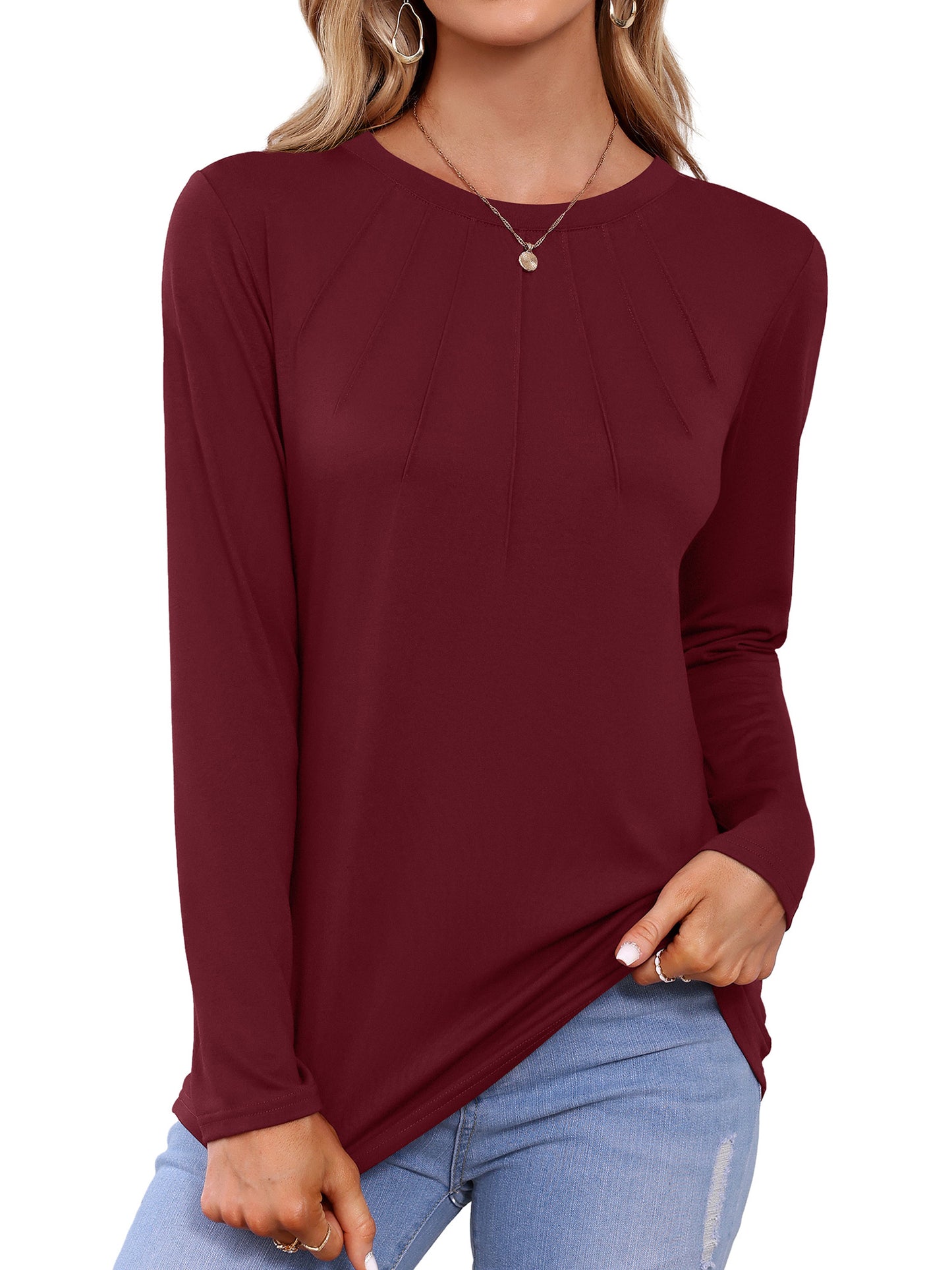 Womens Crew Neck Tops Casual Long Sleeve Pleats Shirts Blouse