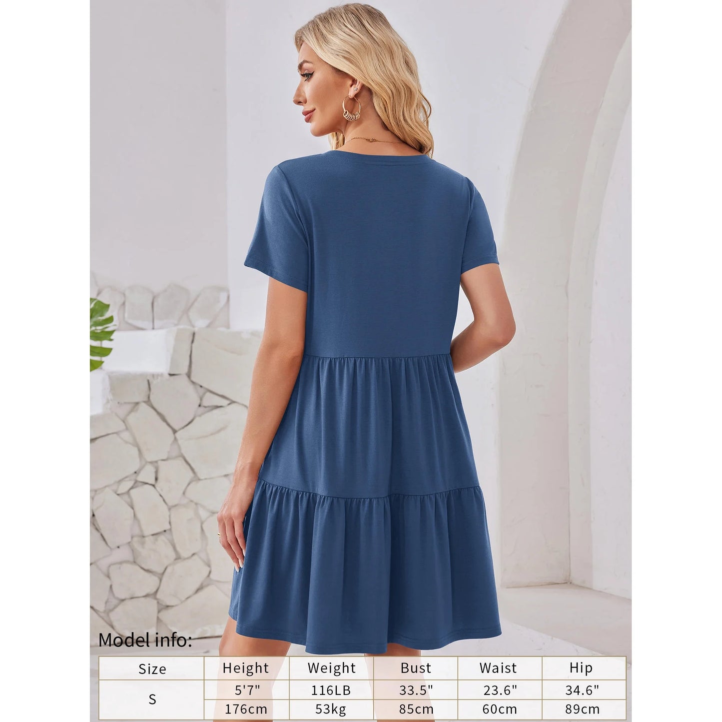 Fancyglim Women Dresses Plus V Neck Short Sleeve Casual Dress with Pockets 1153