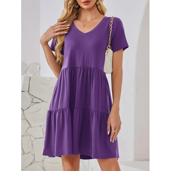 Fancyglim Women Dresses Plus V Neck Short Sleeve Casual Dress with Pockets 1153
