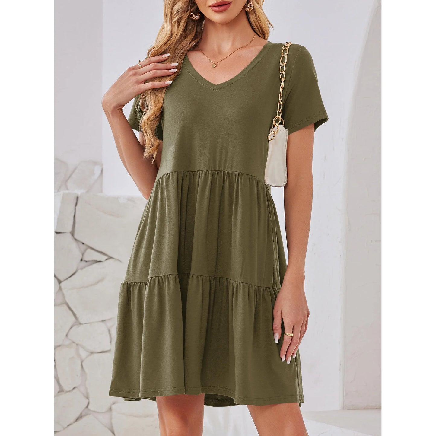 Fancyglim Women Dresses Plus V Neck Short Sleeve Casual Dress with Pockets 1153